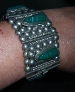 Sterling 925 Silver Green Agate Stone Bracelet - 7" Long 76.58G - Picture 1 of 3