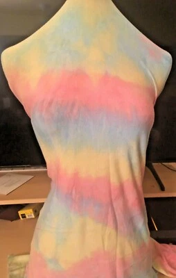 1-yard - 10" KNIT STRETCH TIE DYE PRINT PINK, YELLOW & BLUE  Colors/Pastel Tones - Image 1 of 3