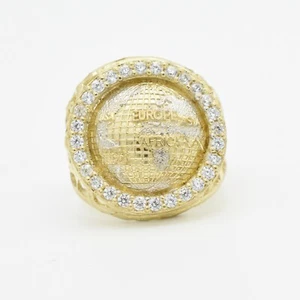 Men's CZ Bordered Large Textured World Ring Real Solid 10K Yellow White Gold - Picture 1 of 6