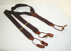 MEN'S RED & BLUE STRIPED SUSPENDERS WITH LEATHER BUTTON STRAPS VERY HANDSOME - Picture 1 of 4