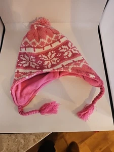 LL BEAN girls / Kids l Nordic POM HAT beanie ear Flaps Pink Fleece Lined - Picture 1 of 6