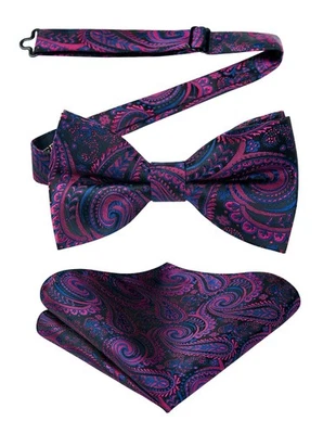 男式深紫色领结佩斯利预绑领结和口袋方形套装 F... — 第 1/4 张图片