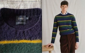 Drakes Navy Green Yelow Wool 100% Knit Border Sweater Size 46 Made in Italy - Picture 1 of 17