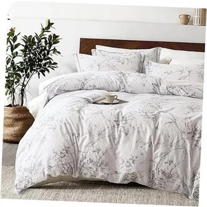 100% Natural Cotton 3pcs Floral Duvet Cover Sets-White Duvet Cover with Gray - Picture 1 of 8