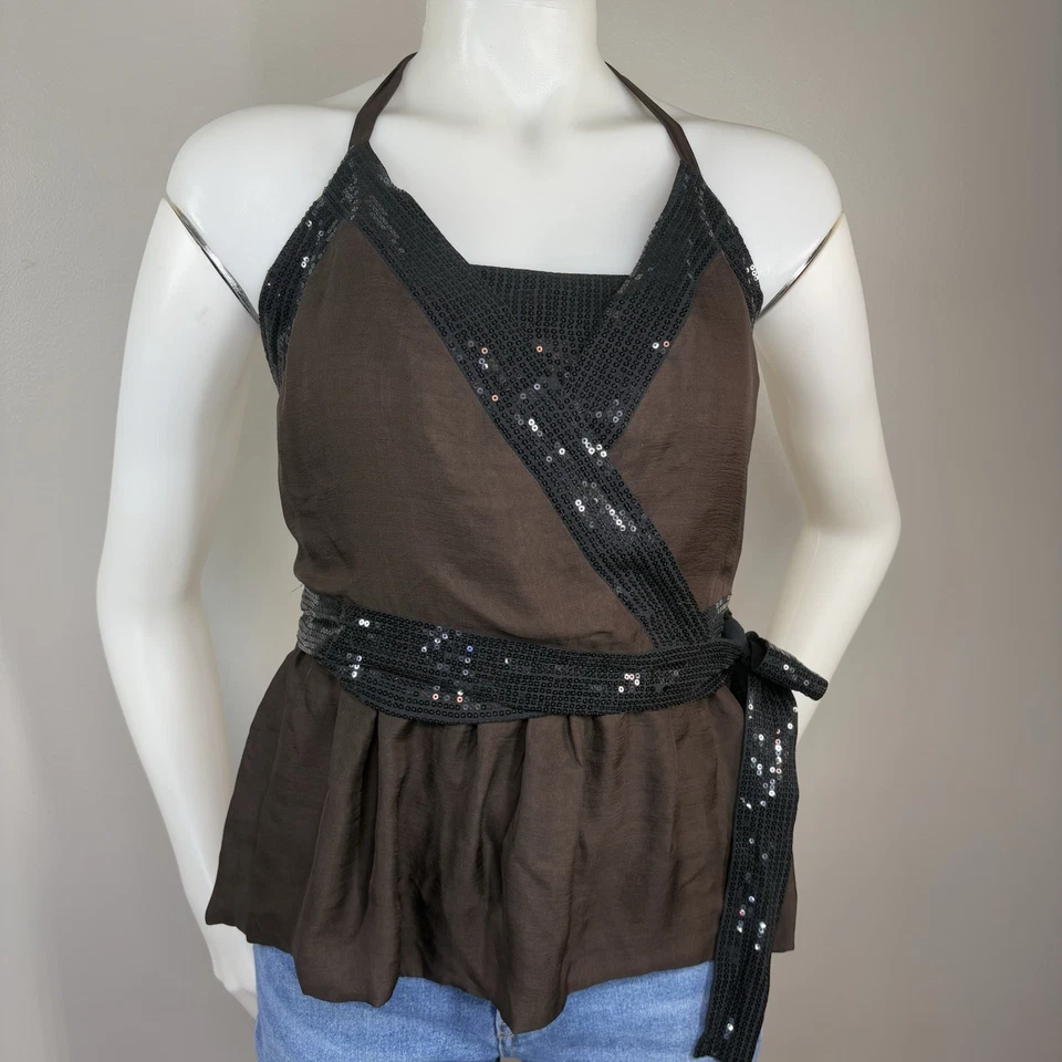 Robert Rodriguez 100% Seda Abedul Marrón y Negro Lentejuelas Abrigo Top Talla 2 Foto 1 de 4