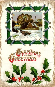 Christmas Greetings Embossed Church and Holly Postcard - Picture 1 of 2