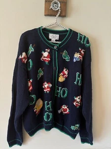 Vintage Casual Corner Size L Ugly Christmas Cardigan Sweater Santa Blue Beaded - Picture 1 of 6