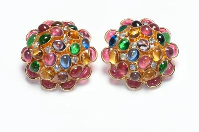Chanel Paris Maison Gripoix Red Pink Green Blue Glass Camellia Earrings  - Image 1 of 4