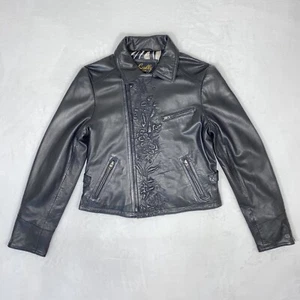 SCULLY Women's Black Lamb Leather Jacket sz MEDIUM Moto Biker Embroidery Zip-up - Picture 1 of 18