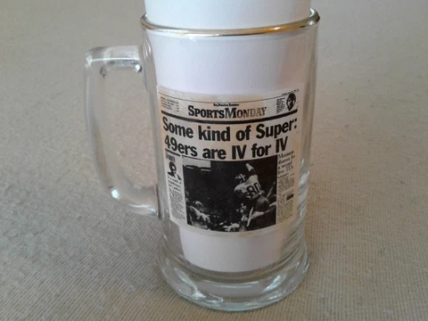 Super Bowl XXIV Beer Mug San Francisco 49ers 55-10 Win Newspaper Headline Cover