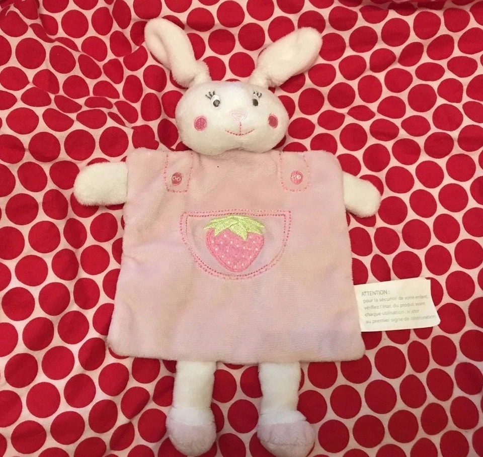 KIMBALOO DOUDOU LAPIN PLAT ROSE FRAISE BRODEE ETAT NEUF - Photo 1/1