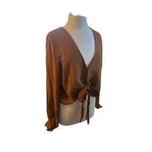 Women M NYTT Brown Oversize Button Tie Wrap Front Blouse Shirt Top Long Slv - Picture 1 of 6
