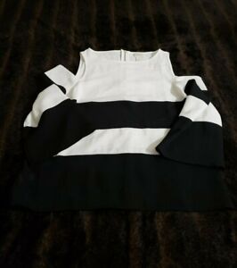 Chico'S 3/4 Sleeves White Black Womens 0 Small Cold Shoulder Sleeveless Blouse 