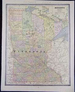 1886 CRAM Map of MiNNESOTA , color antique ORIGINAL vgc - Picture 1 of 7