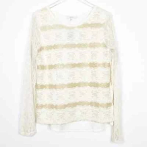 Miss Me Shirt Women Large Beige Cream Gold Lace Long Sleeve Hi Low Knit Pullover - Picture 1 of 11
