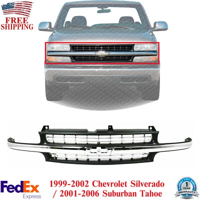 Front Grille w/ Chrome Center Bar For 99-02 Silverado 1500 /00-06 Suburban Tahoe - Image 1 of 4