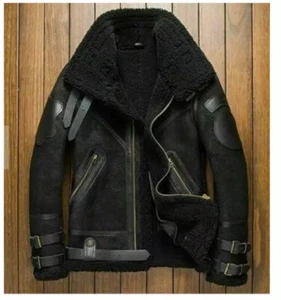 Chaqueta de bombardero de vuelo de piel de oveja B3 RAF negra real para hombre - estilo piel de oveja aviador - Imagen 1 de 3