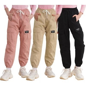 Girl Joggers Cargo Pants Drawstring Elastic Waist with Pocket Hip Hop Streetwear - Picture 1 of 35