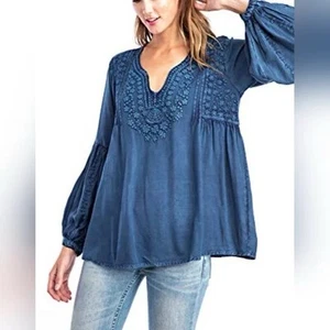 Solitaire women’s dori boho embroidered long sleeves denim wash blouse in S NEW - Picture 1 of 7