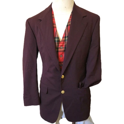 Bill Blass 勃艮第红色金色纽扣羊毛西装外套夹克男式 42S 2 按钮复古 — 第 1/4 张图片