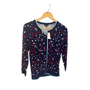 NWT Talbots Women's Small Heart Print Cardigan Sweater Cotton Blend Navy Blue - Picture 1 of 5