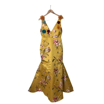 NWT Fashion Nova Novaluxe Amy Embroidered Floral Gold Yellow Gown Dress S 2567 - Image 1 of 4