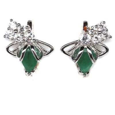 925 Sterling Silver 5 x 7 mm. Green Emerald & White Zircon Earrings - Image 1 of 4