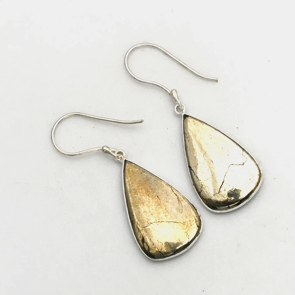 Brincos pendurados de gota feitos à mão com pedra preciosa pirita Apache presente joia 1,8" AE-99579 - Imagem 1 de 1