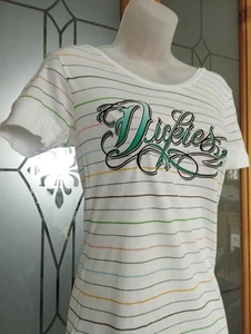 DICKIES Women's White Stripe Logo Slim Fit Cuff Sleeve T -Shirt Size S - Picture 1 of 6