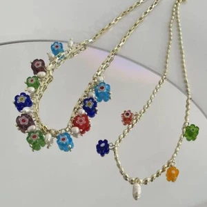 Freshwater pearl baroque colorful glass flower necklace choker 14k gold plated - Picture 1 of 10