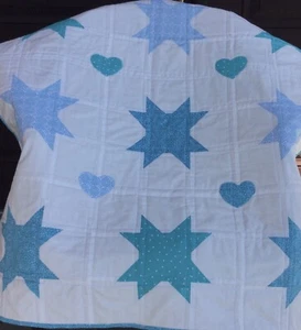 Baby Quilt. Unisex Baby Quilt. 38X50 teal/white/Blue Quilt. Stars &Hearts Quilt - Picture 1 of 7