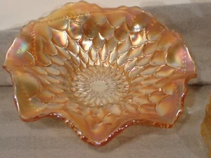 1915 Marigold Dugan Carnival Glass Iridescent Bowl Ruffled Fish scale & Beads - Picture 1 of 2