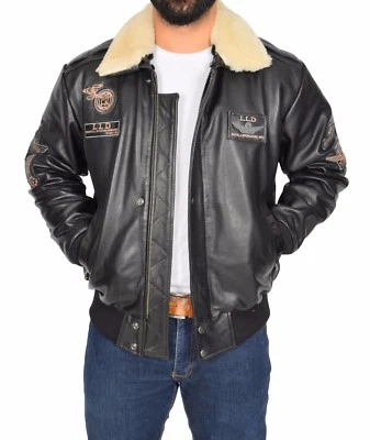Mens Black Leather PILOT Jacket Spitfire Aviator Bomber Top Gun AIR FORCE Coat - Image 1 of 4