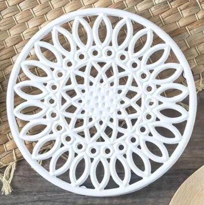 Sunflower Cast Iron Trivet - White Enamel with Non-Slip Feet by Home Basics NEW