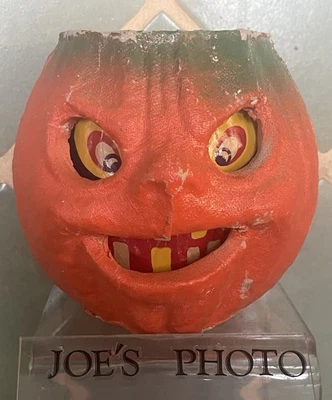 Vintage Halloween Paper Mache/Pulp Pumpkin Jack O Lantern 4"- 'Little Snot Nose" - Image 1 of 4
