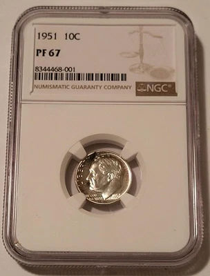 Moneda de diez centavos Roosevelt 1951 prueba PF67 NGC tonificada Foto 1 de 2