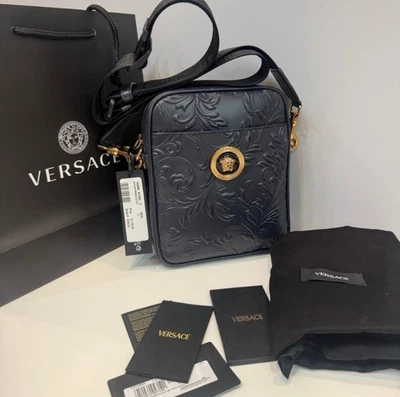 Versace Messenger Embrossing Calf Leather Barocc Navy Blue-gold $ 1300 Authentic - Image 1 of 4