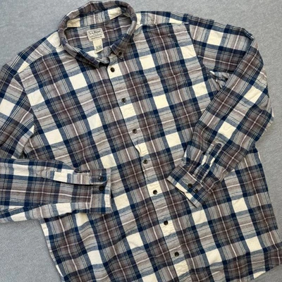 Рубашка мужская LL Bean 2XLT кремово-синяя шотландская клетчатая фланелевая на пуговицах для рукоделия - Изображение 1 из 4