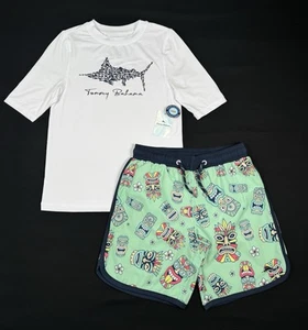 Tommy Bahama Rash Guard Swim Trunk Set Boy's in Tiki Mask UV50 Size 7 NWT - Picture 1 of 15