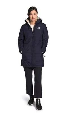 North Face Mossbud 绝缘双面连帽派克大衣外套海军蓝白色 S — 第 1/4 张图片