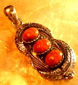 New Sterling Silver SW Red Turquoise Triple Stone Pendant 1.5" - Picture 1 of 5