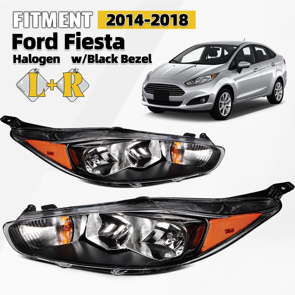 Pair Headlights Assembly For 2014-2018 Ford Fiesta Black Housing W/Bulbs LH&RH - Imagem 1 de 4