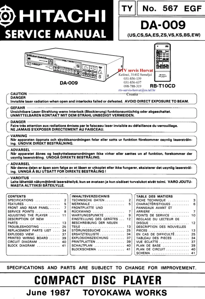 Manuale Di Servizio Per Hitachi DA-009 - Immagine 1 di 1