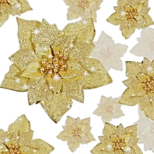 Christmas Tree Ornaments 36-Pc Gold Glitter Artificial Poinsettia Flowers Set - Picture 1 of 6