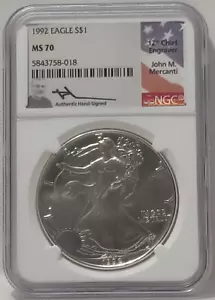 1992 AMERICAN SILVER EAGLE NGC MS 70 JOHN M. MERCANTI - Picture 1 of 4