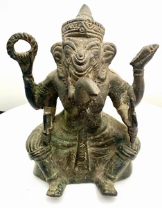 LOVELY AND VINTAGE BRONZE SEATED KHMER FOUR ARMED GANESHA STATUE 6.3" c1950 g. - Picture 1 of 10