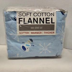 Snowman and Snowflake Soft Cotton Flannel Sheet Set Twin - Deep Pockets - Blue - Picture 1 of 7