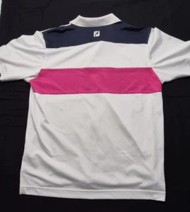 Polo de golf Footjoy para hombre blanco con rayas azul marino y rosa talla Logotipo de lago espejo grande - Imagen 1 de 10