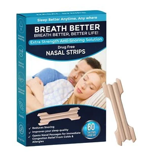 60 Breath Better Large Tan Nasal Strips, Extra Strength Anti Snoring Solution - Picture 1 of 5