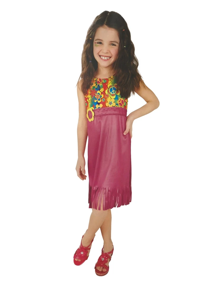Vestido Disfraz Hippie Niña Rosa Flecos Paz y Flor Foto 1 de 1